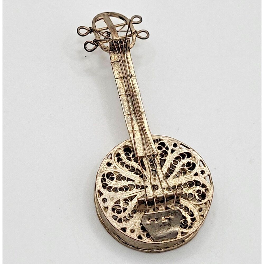 Vintage Antique Sterling Silver Guitar PIN Brooch Filigree 1.4in 8g